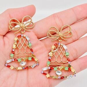 Christmas Rhinestone Bow Bell Post Earrings NWT